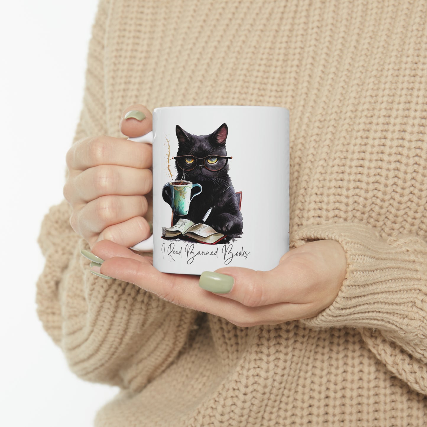 I READ  BANNED BOOKS BLACK CAT Ceramic Mug, 11oz