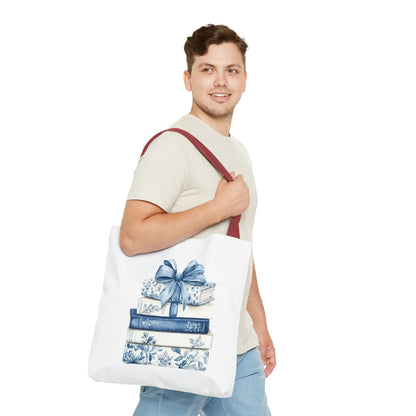 Blue Floral Book Stack Tote Bag