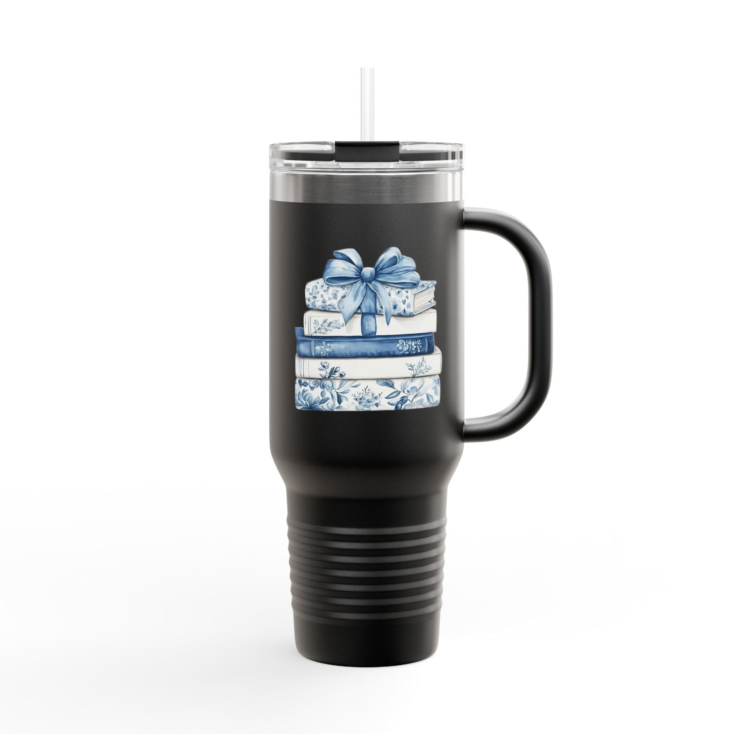 40oz Insulated Travel Mug — Blue Floral Book Stack Design