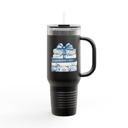 40oz Insulated Travel Mug — Blue Floral Book Stack Design