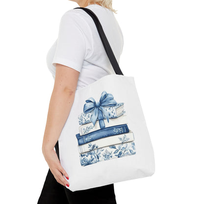 Blue Floral Book Stack Tote Bag