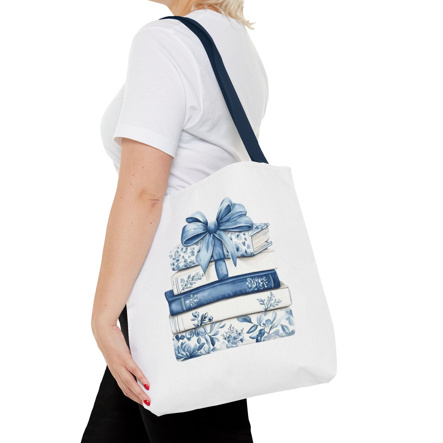 Blue Floral Book Stack Tote Bag