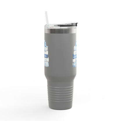 40oz Insulated Travel Mug — Blue Floral Book Stack Design