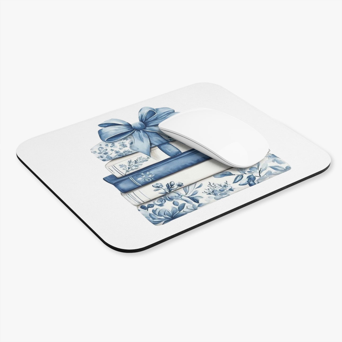 Blue Floral Stacked Books Mouse Pad