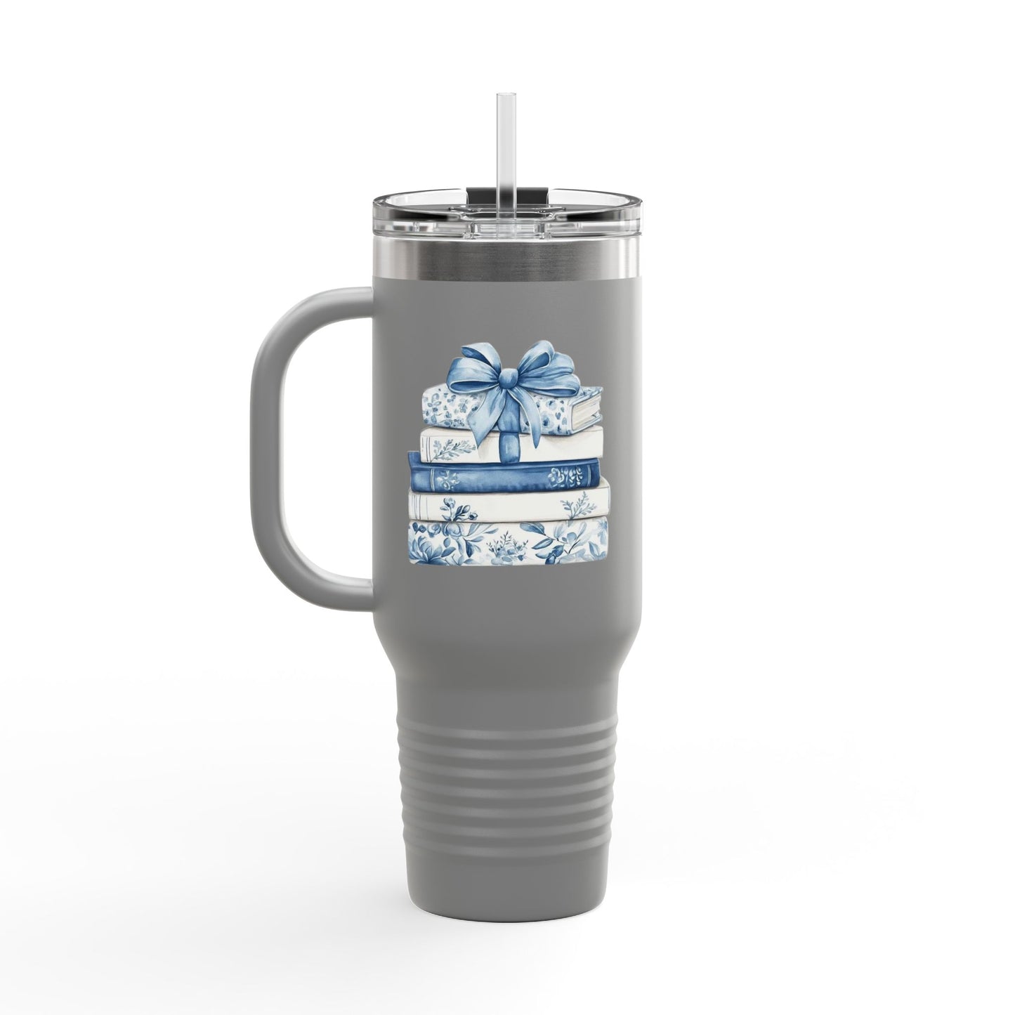 40oz Insulated Travel Mug — Blue Floral Book Stack Design