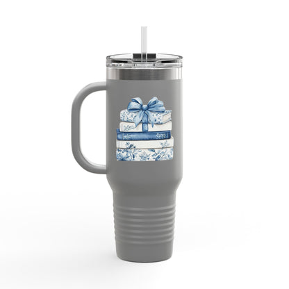 40oz Insulated Travel Mug — Blue Floral Book Stack Design