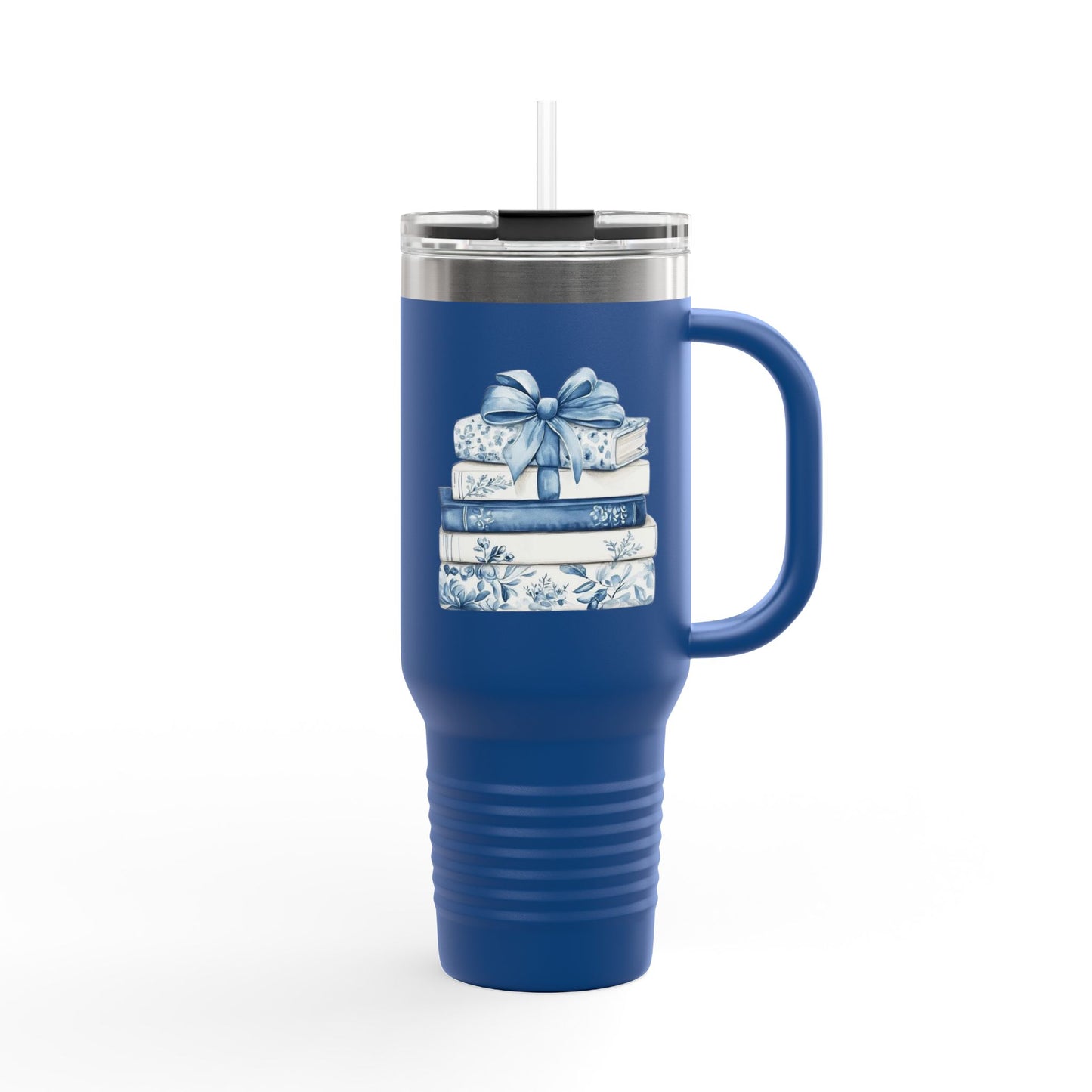 40oz Insulated Travel Mug — Blue Floral Book Stack Design