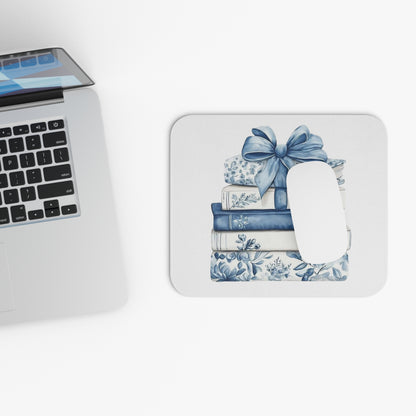 Blue Floral Stacked Books Mouse Pad