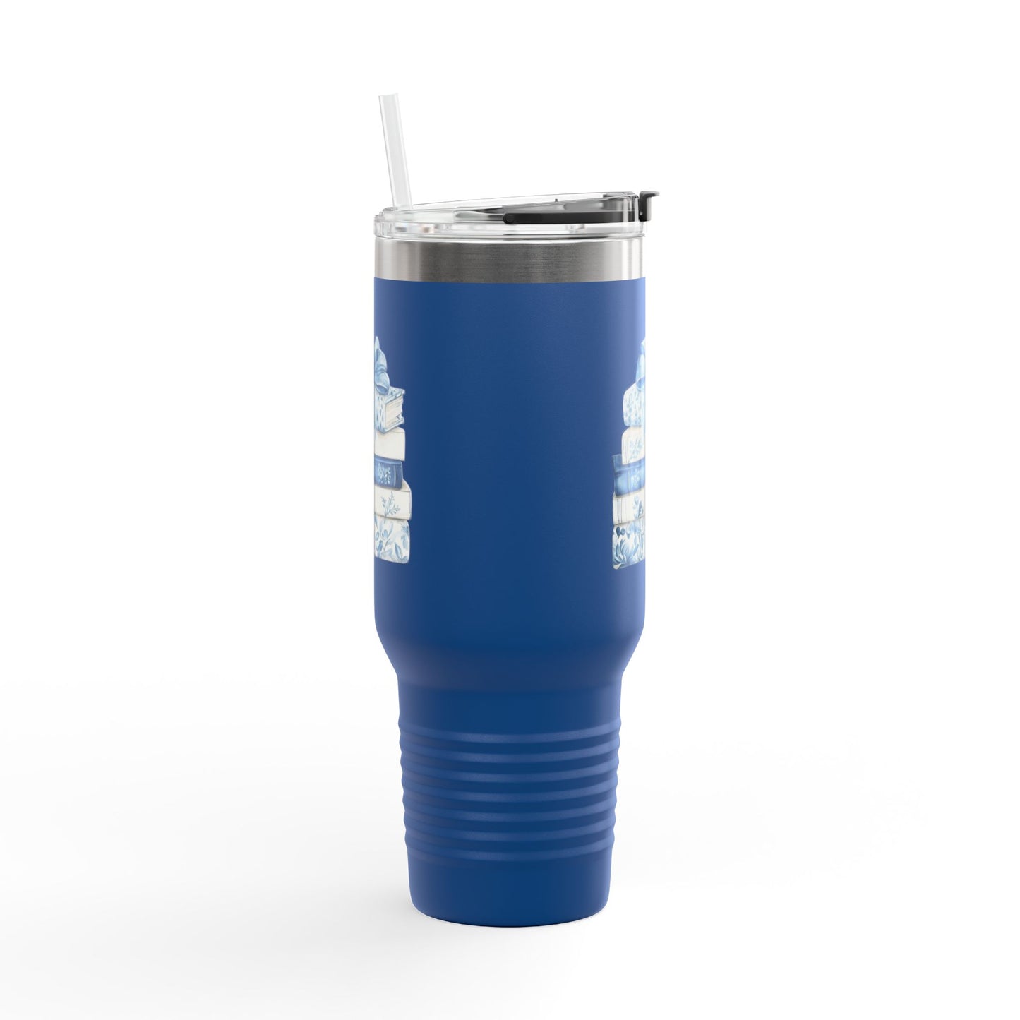 40oz Insulated Travel Mug — Blue Floral Book Stack Design