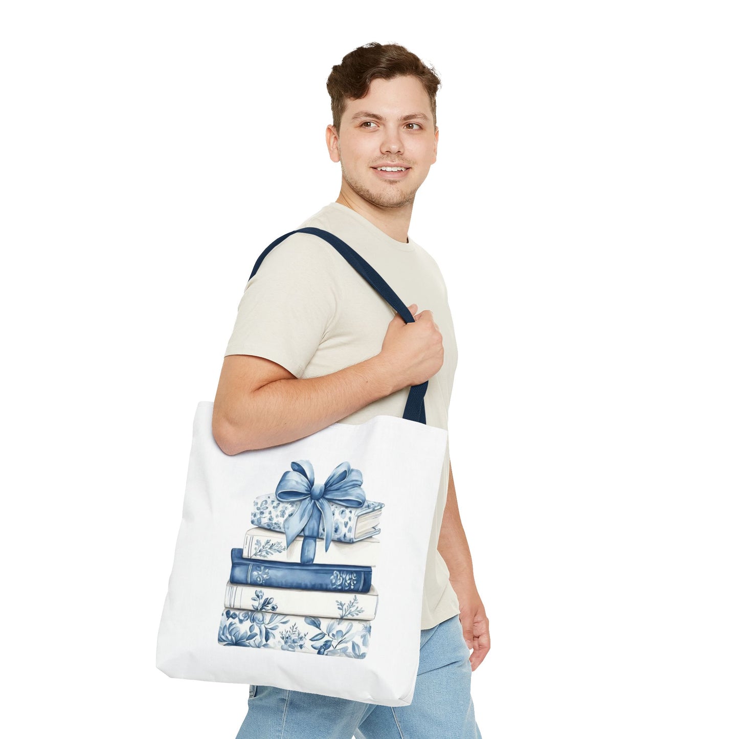 Blue Floral Book Stack Tote Bag