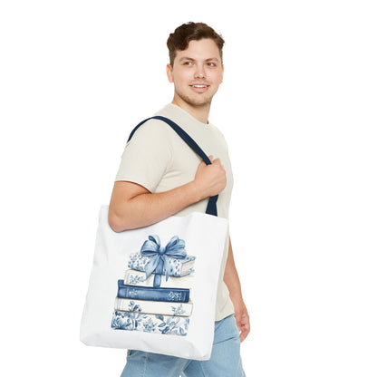 Blue Floral Book Stack Tote Bag
