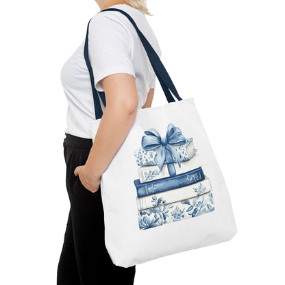 Blue Floral Book Stack Tote Bag