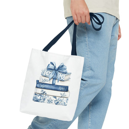 Blue Floral Book Stack Tote Bag