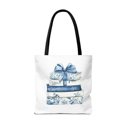 Blue Floral Book Stack Tote Bag