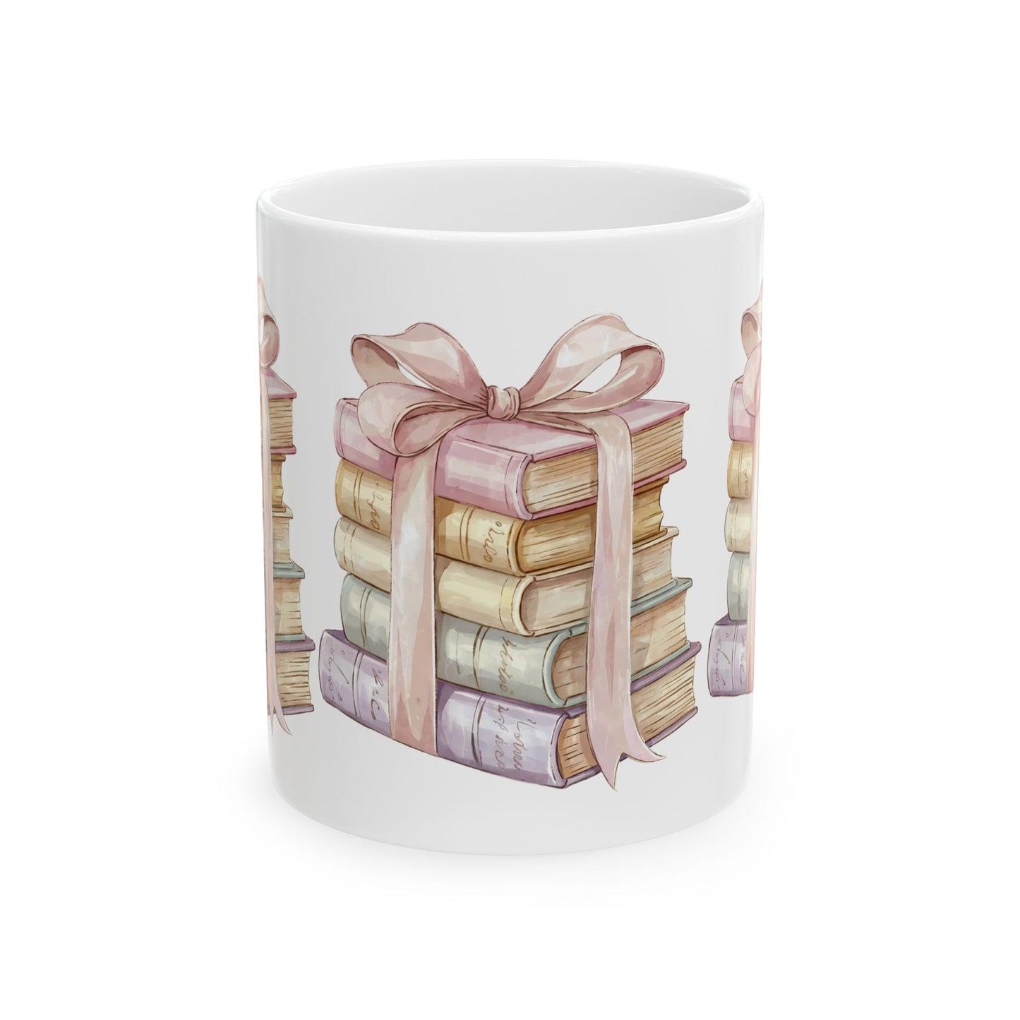 Book Lover Ceramic Mug — Stack of Vintage Books with Pink Ribbon (11oz & 15oz)