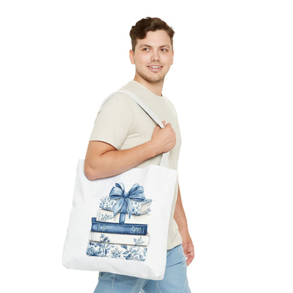 Blue Floral Book Stack Tote Bag