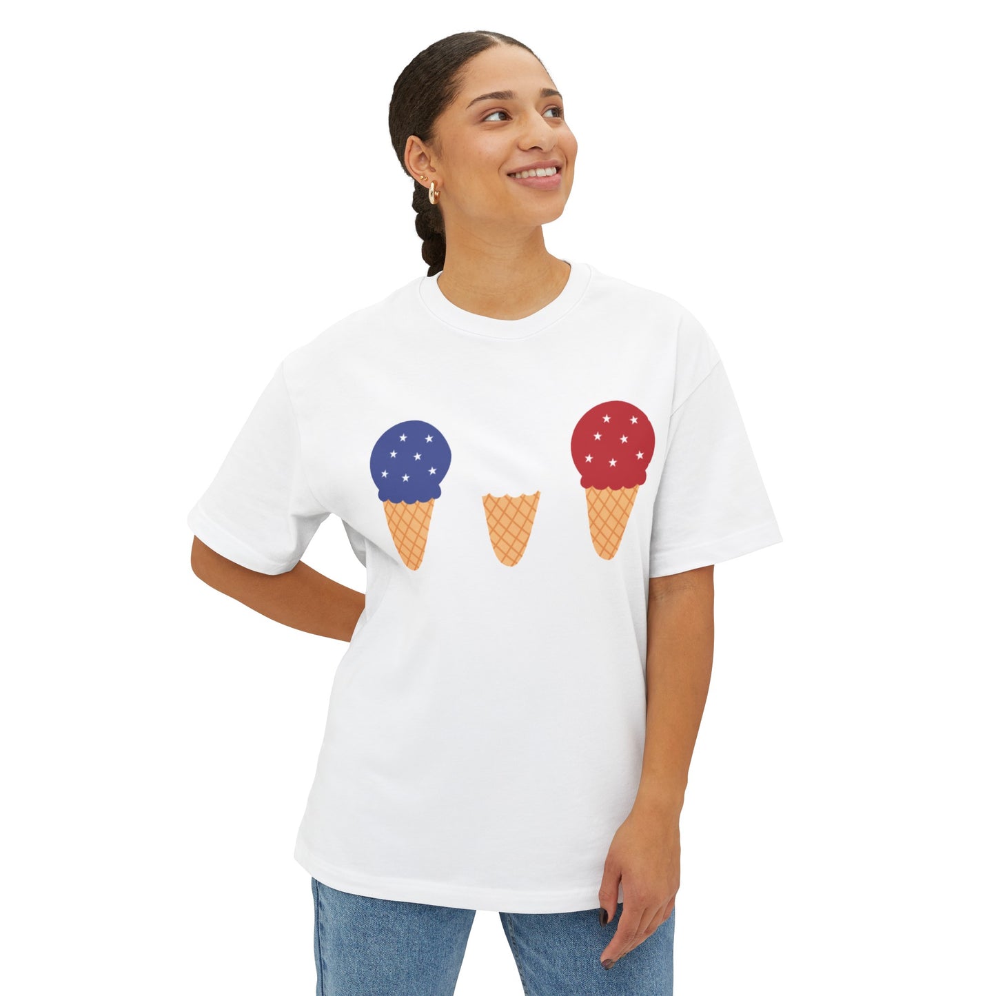 Red White and Blue Ice Cream Cone 4th of July Unisex Oversized Boxy Tee