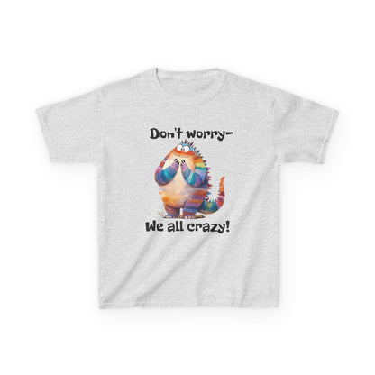 Kids Tee – Colorful Cat "Don't worry — We all crazy!" Cute Graphic