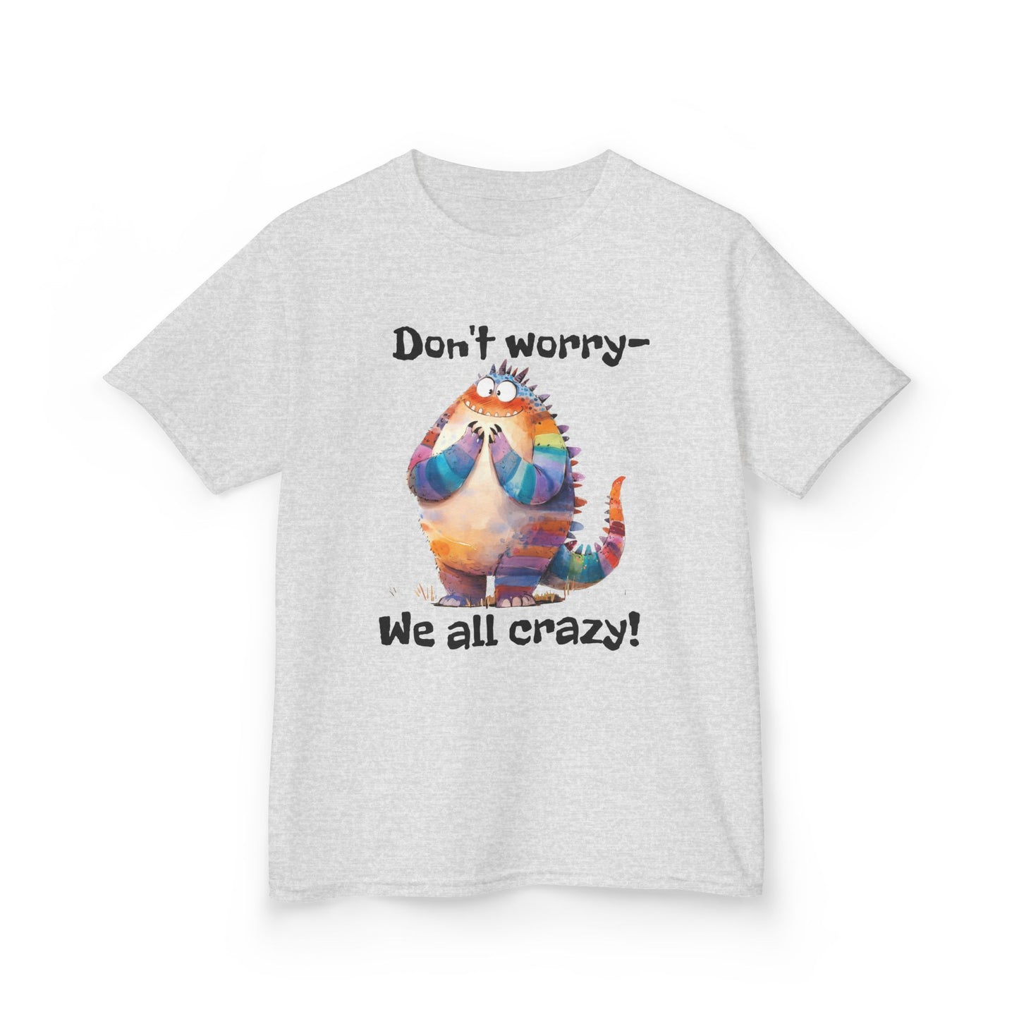 Kids Tee – Colorful Cat "Don't worry — We all crazy!" Cute Graphic