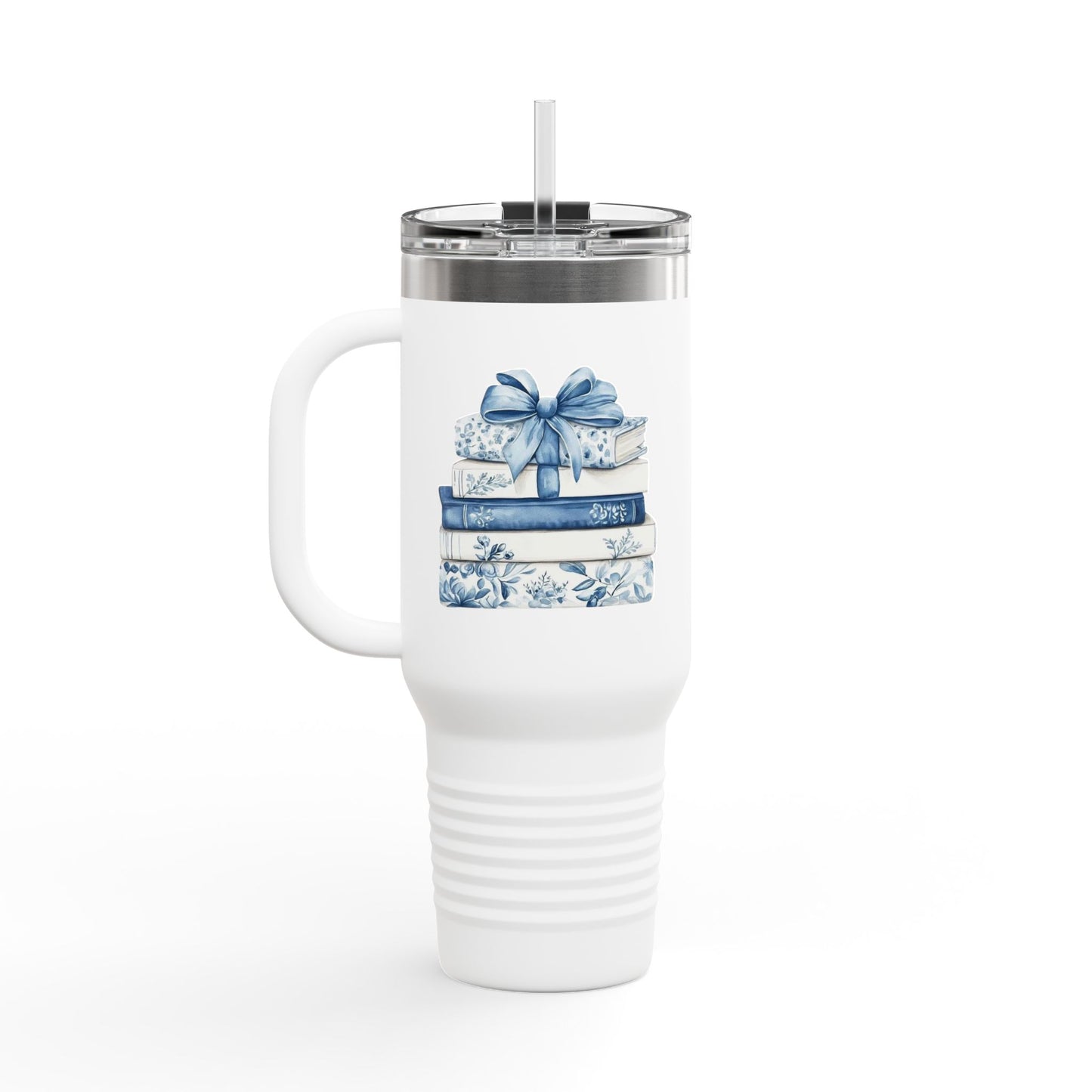 40oz Insulated Travel Mug — Blue Floral Book Stack Design