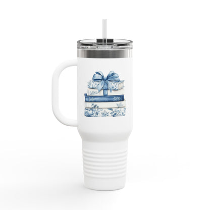 40oz Insulated Travel Mug — Blue Floral Book Stack Design