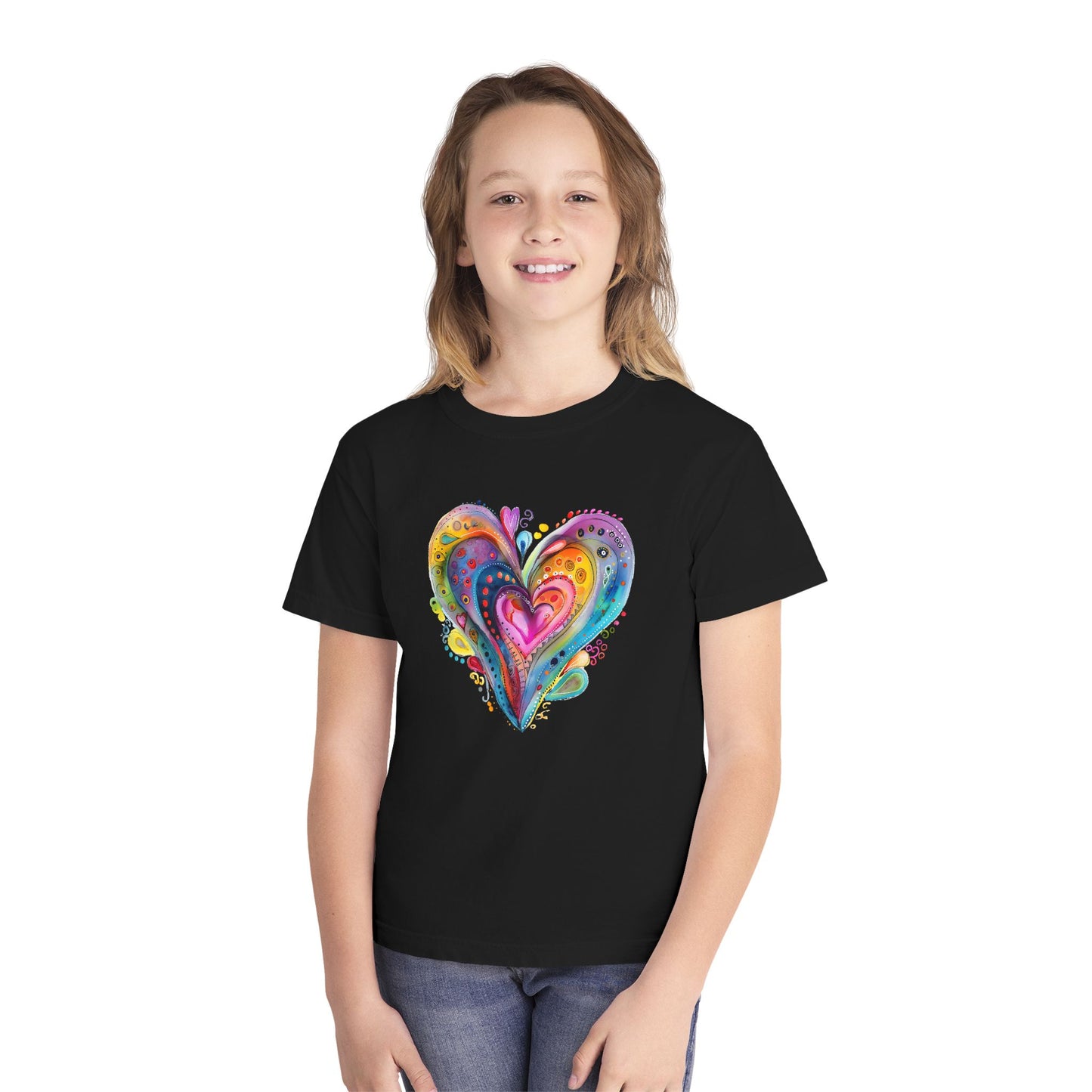 Youth Tee — Colorful Watercolor Heart Graphic Kids T-Shirt