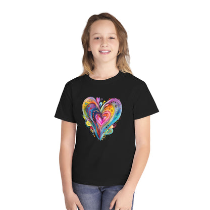 Youth Tee — Colorful Watercolor Heart Graphic Kids T-Shirt