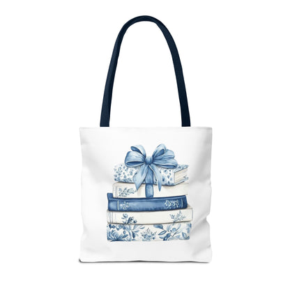 Blue Floral Book Stack Tote Bag