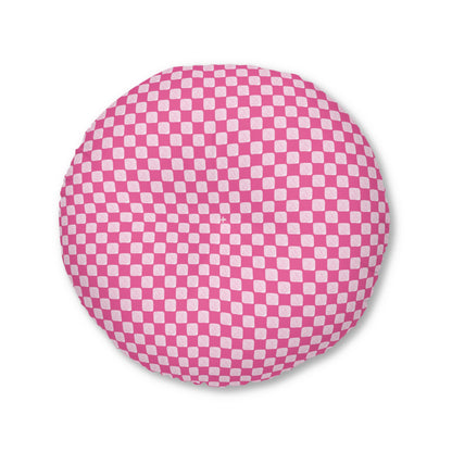 Pink Checked Tufted Floor Pillow, Round