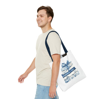 Blue Floral Book Stack Tote Bag