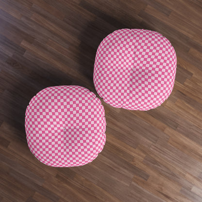 Pink Checked Tufted Floor Pillow, Round