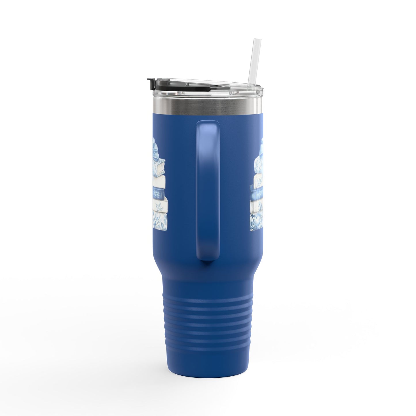 40oz Insulated Travel Mug — Blue Floral Book Stack Design