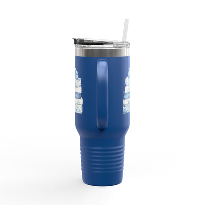 40oz Insulated Travel Mug — Blue Floral Book Stack Design