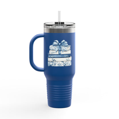 40oz Insulated Travel Mug — Blue Floral Book Stack Design