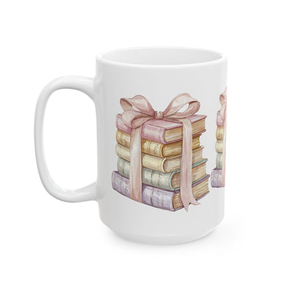 Book Lover Ceramic Mug — Stack of Vintage Books with Pink Ribbon (11oz & 15oz)