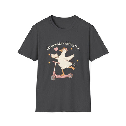 Reading Goose T‑Shirt — "Off to Make Reading Fun" Cute Book Lover Tee