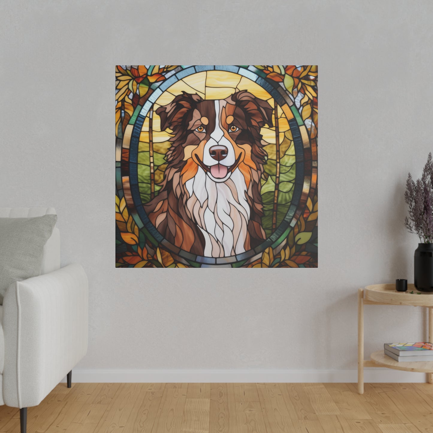 Stained Glass Australian Shepherd Dog Matte Canvas Wall Art