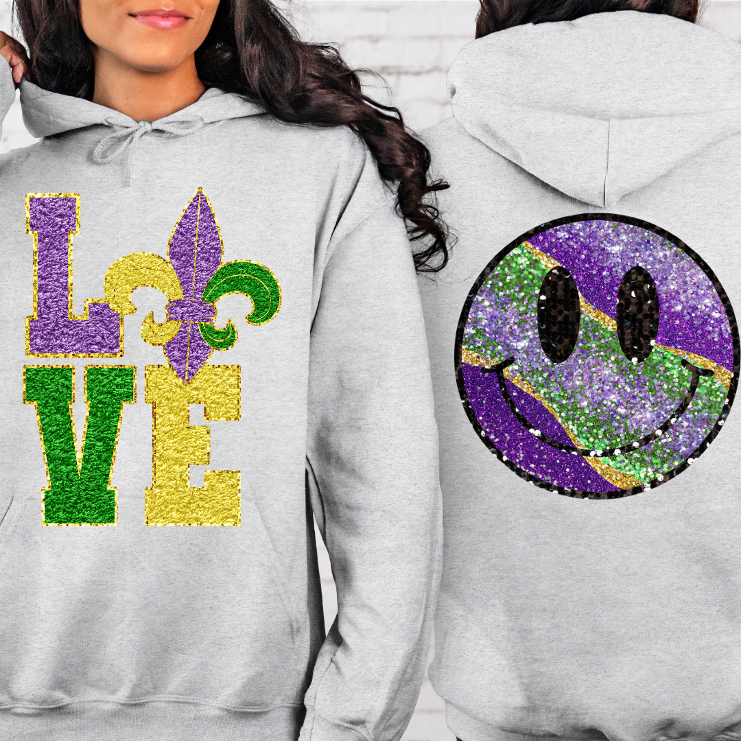 Mardi Gras LOVE Smiley Face Hoodie Sweatshirt