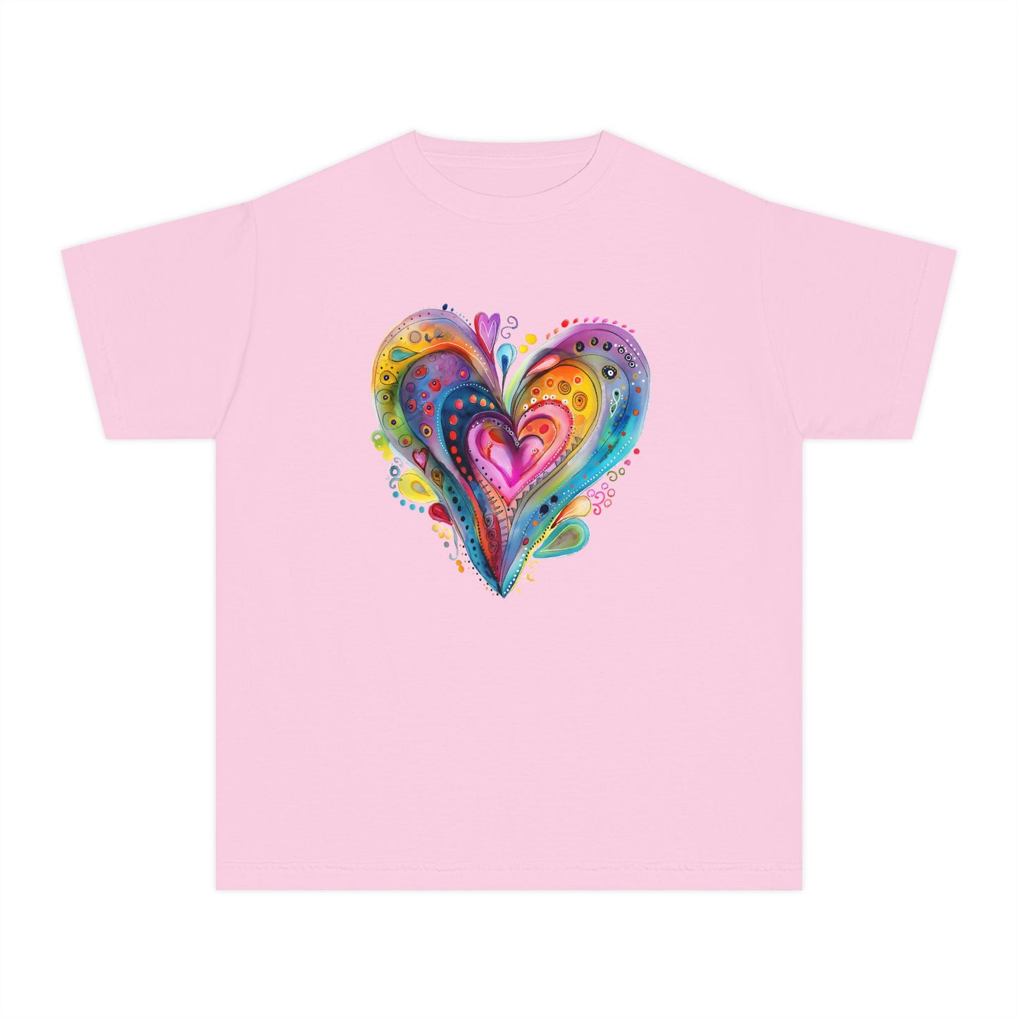 Youth Tee — Colorful Watercolor Heart Graphic Kids T-Shirt