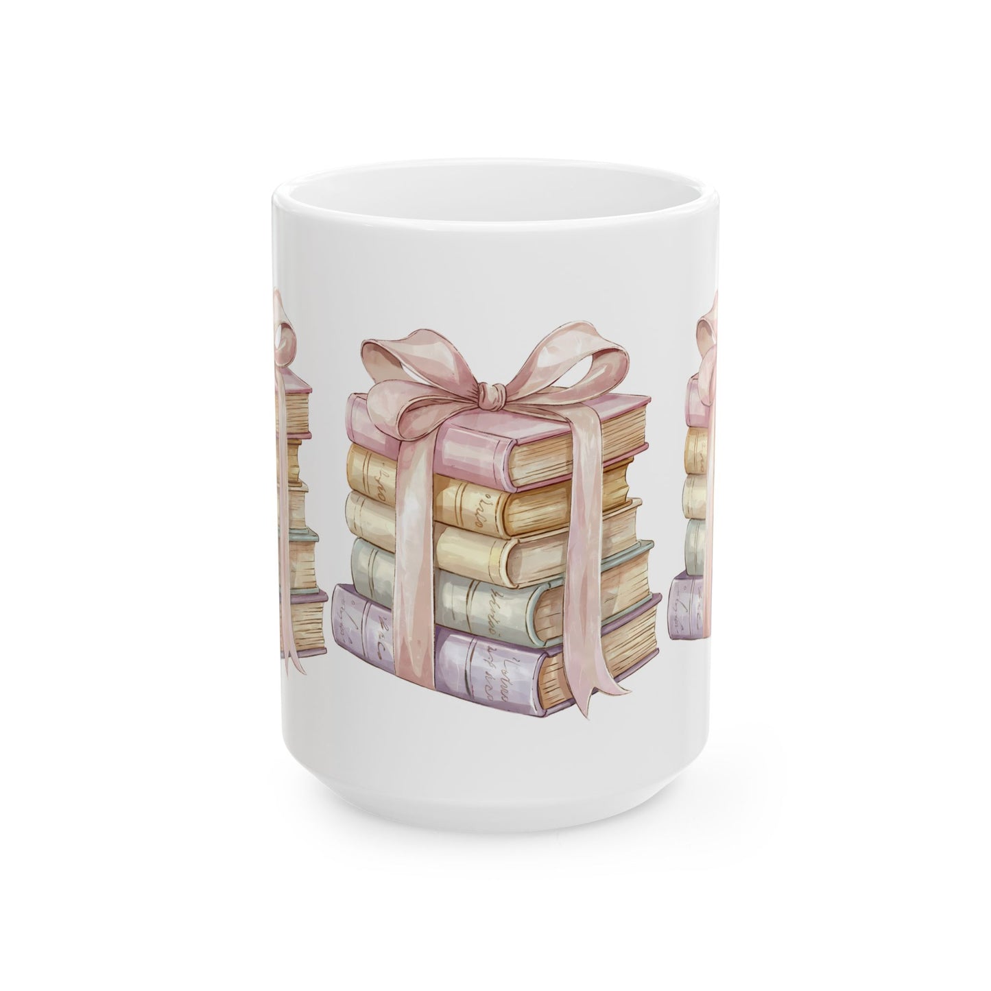 Book Lover Ceramic Mug — Stack of Vintage Books with Pink Ribbon (11oz & 15oz)