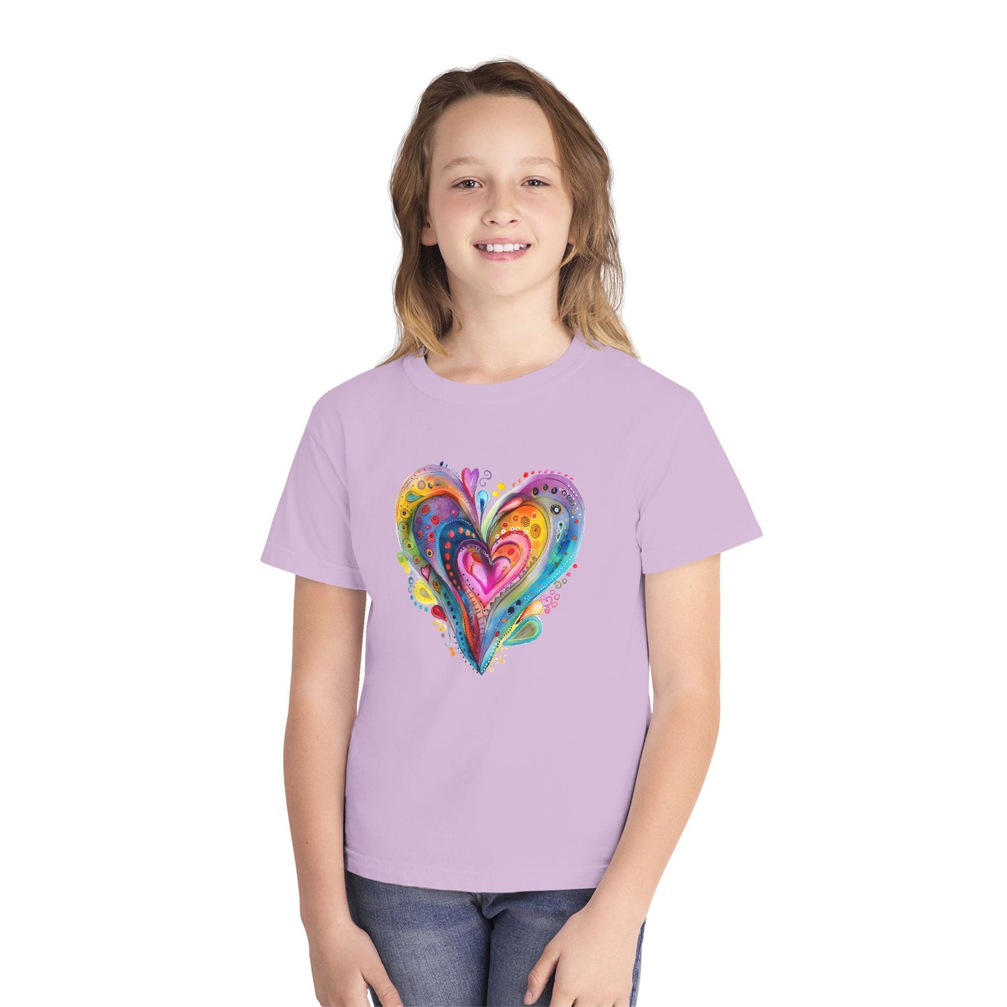 Youth Tee — Colorful Watercolor Heart Graphic Kids T-Shirt