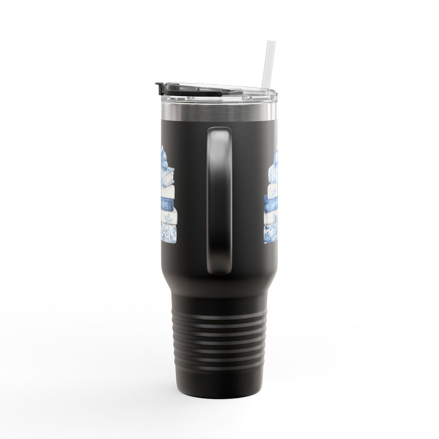 40oz Insulated Travel Mug — Blue Floral Book Stack Design