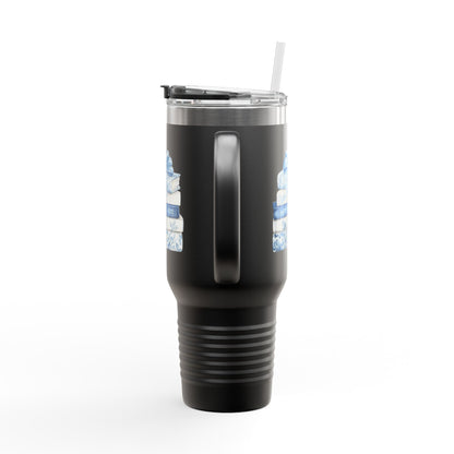 40oz Insulated Travel Mug — Blue Floral Book Stack Design