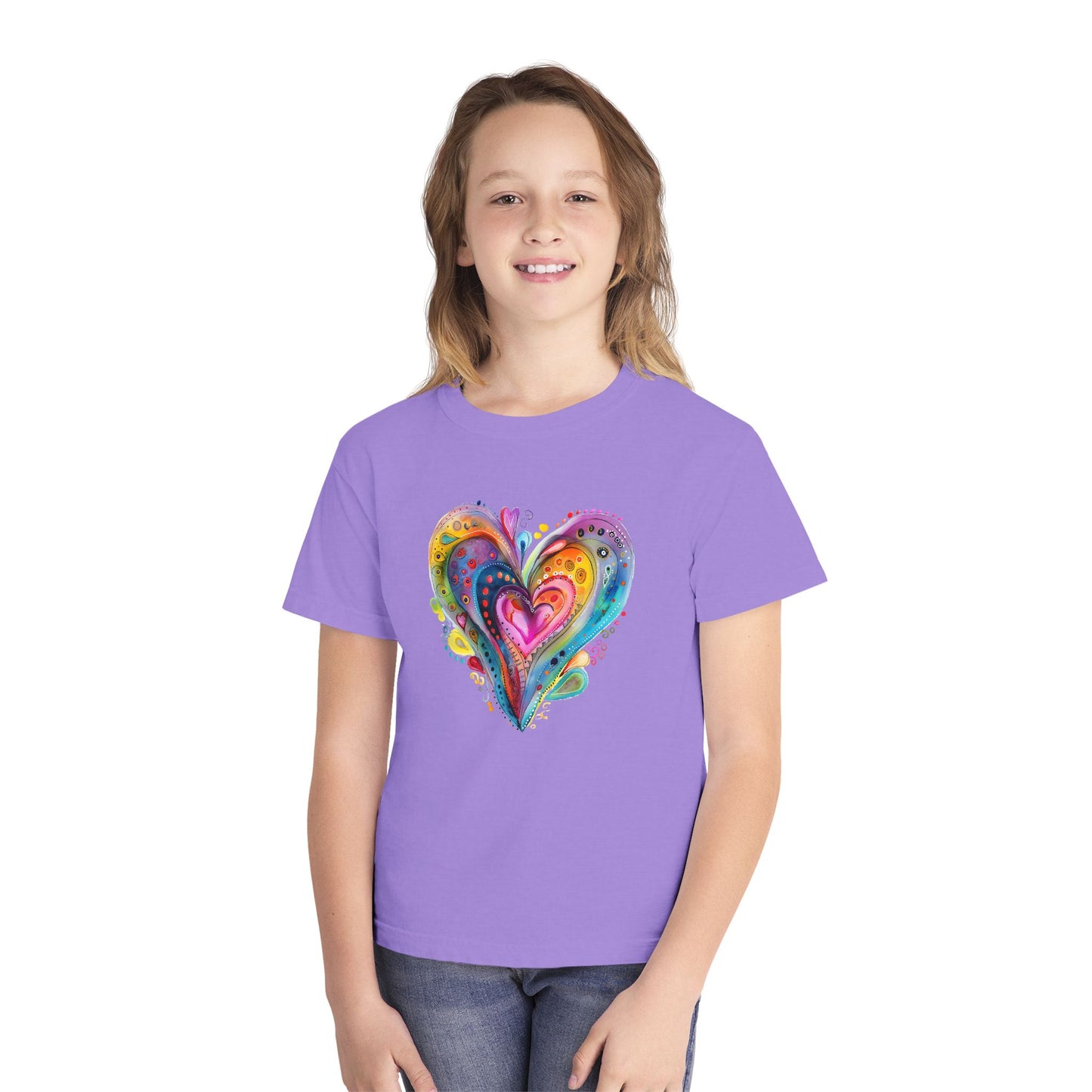 Youth Tee — Colorful Watercolor Heart Graphic Kids T-Shirt
