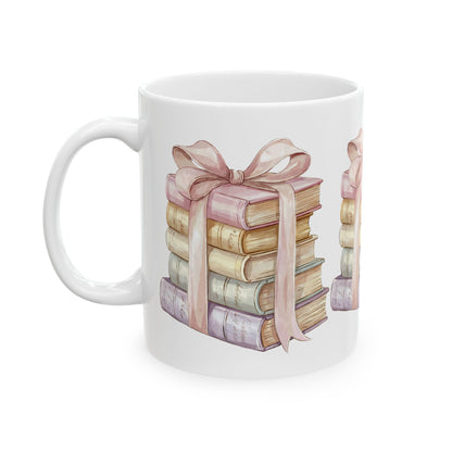 Book Lover Ceramic Mug — Stack of Vintage Books with Pink Ribbon (11oz & 15oz)
