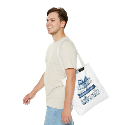 Blue Floral Book Stack Tote Bag