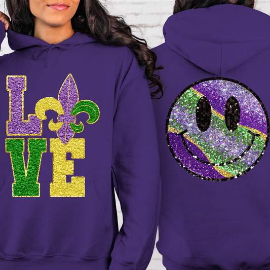 Mardi Gras LOVE Smiley Face Hoodie Sweatshirt