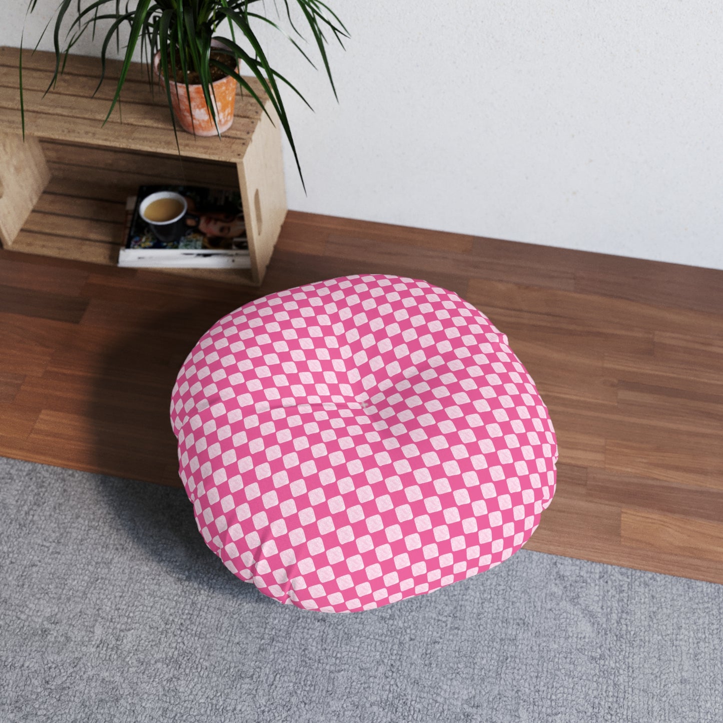 Pink Checked Tufted Floor Pillow, Round