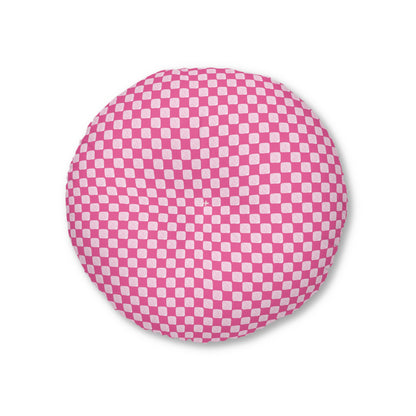 Pink Checked Tufted Floor Pillow, Round