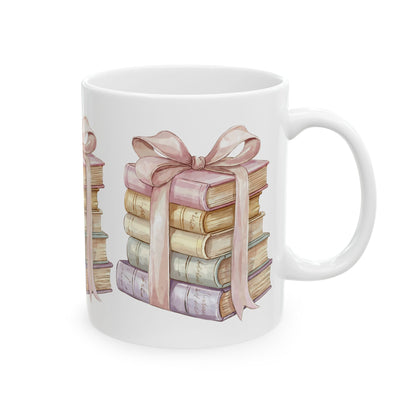 Book Lover Ceramic Mug — Stack of Vintage Books with Pink Ribbon (11oz & 15oz)